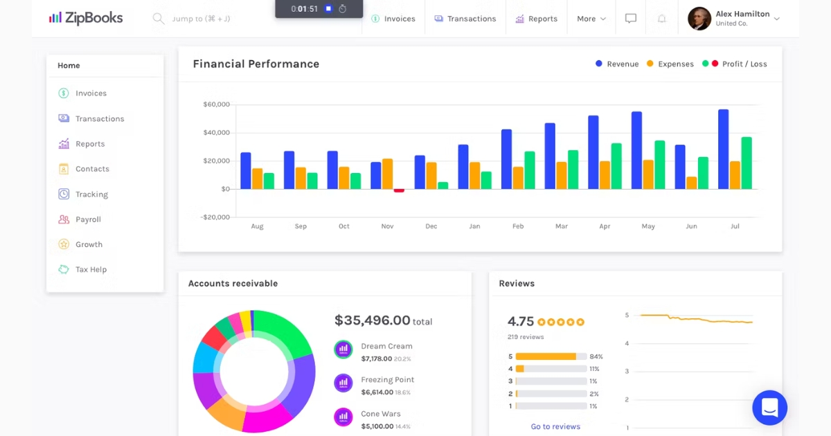 ZipBooks dashboard